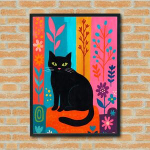 Colorful Black Cat Wall Art - Whimsical Botanical Cat Print - Vibrant Animal Decor for Living Room or Nursery