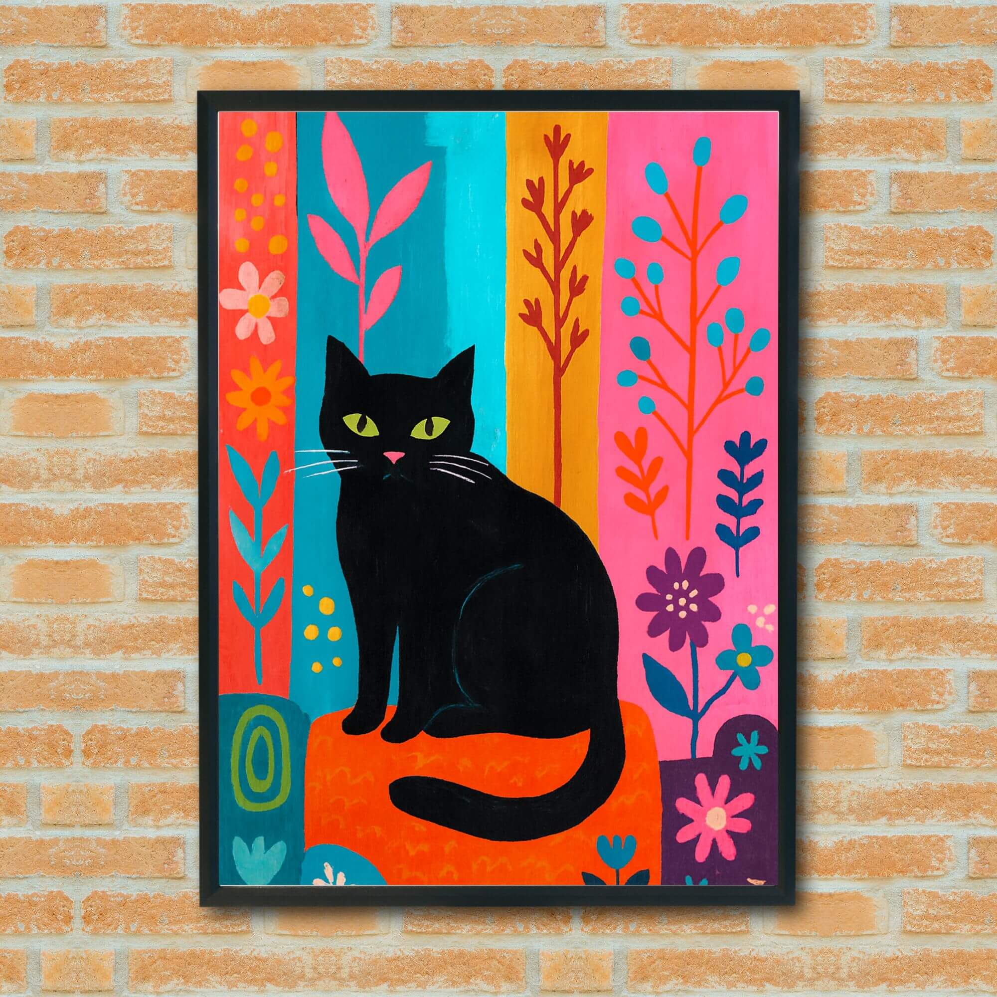 Colorful Black Cat Wall Art - Whimsical Botanical Cat Print - Vibrant Animal Decor for Living Room or Nursery