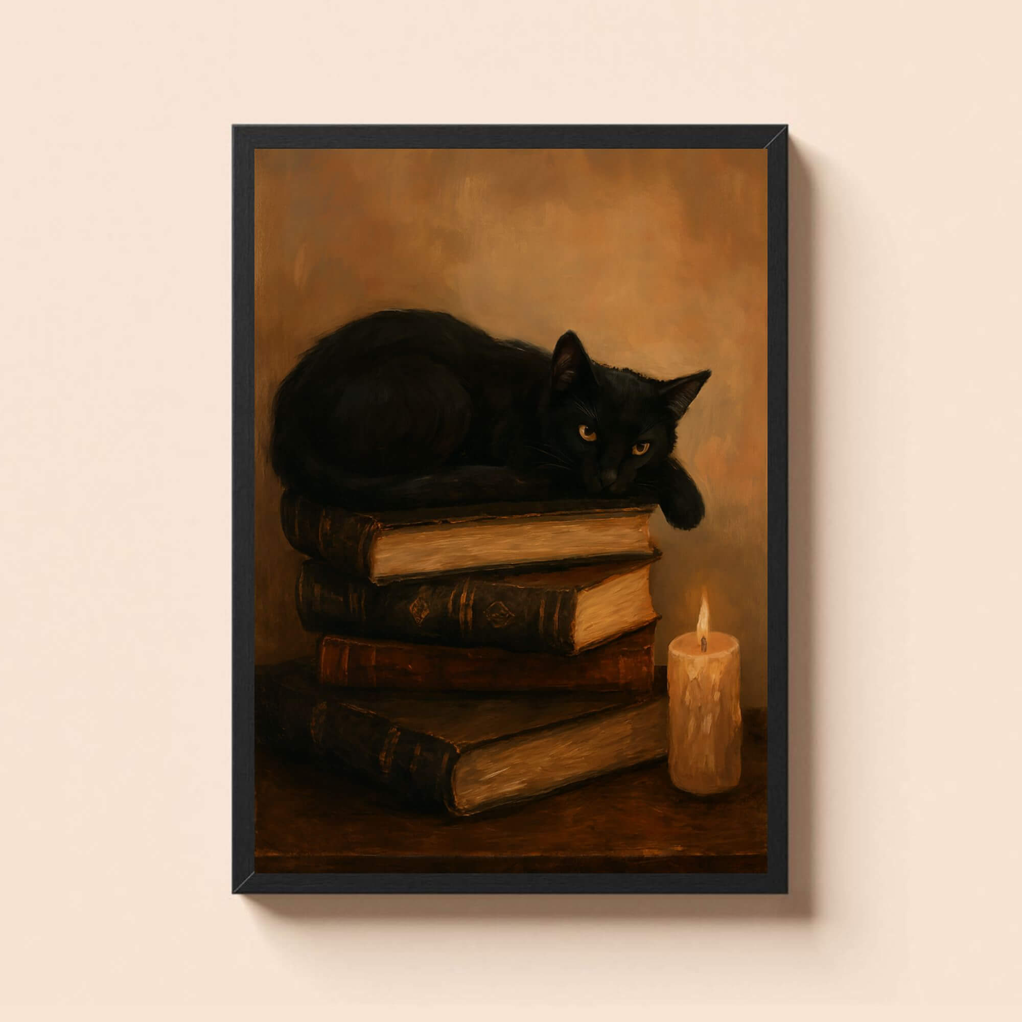 Mystical Black Cat Wall Art - Vintage Books & Candlelight - Cozy Gothic Home Decor Print - Image 2