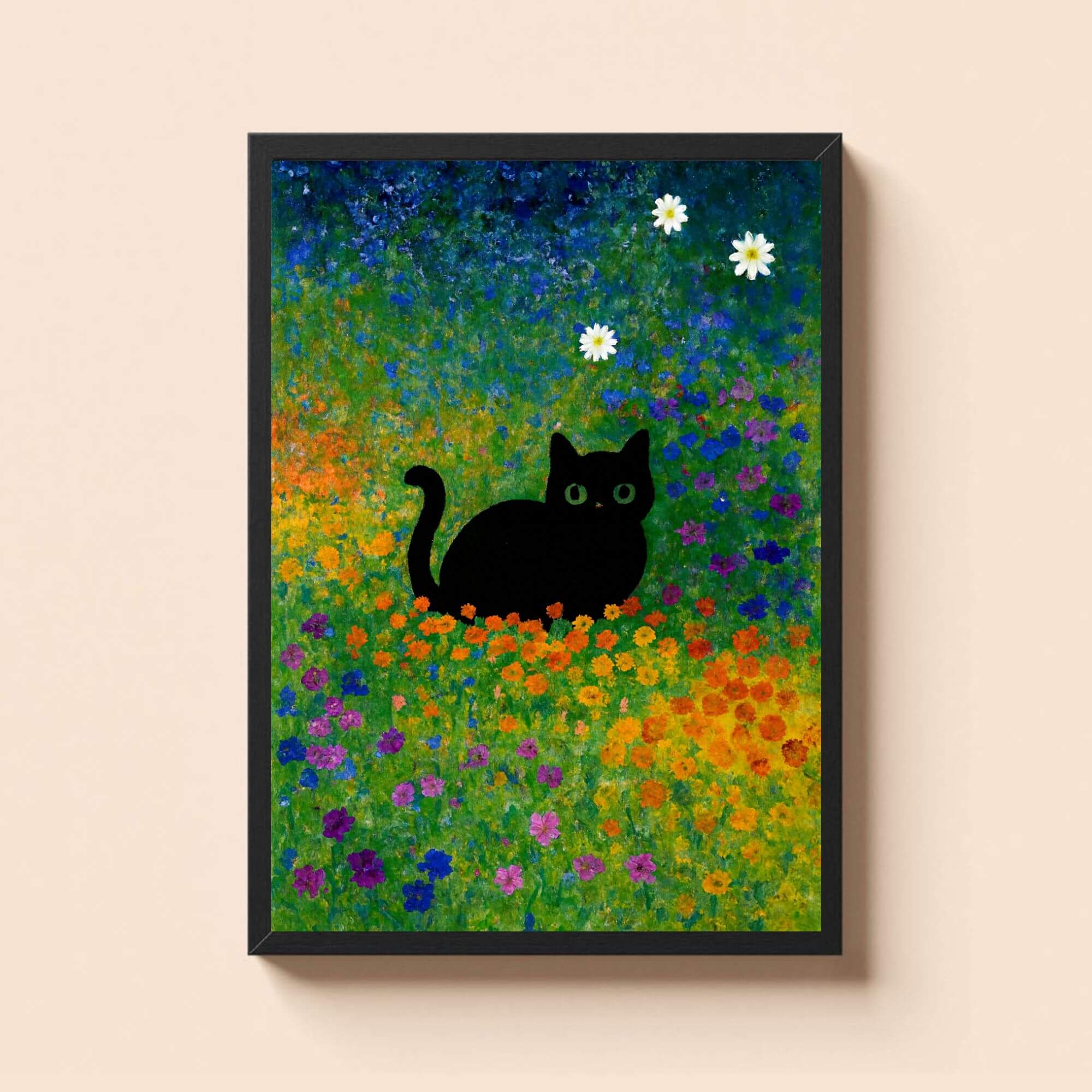 Black Cat in Colorful Flower Field - Whimsical Cat Wall Art Print, Vibrant Pet Decor, Magical Feline Poster for Cat Lovers - Image 2