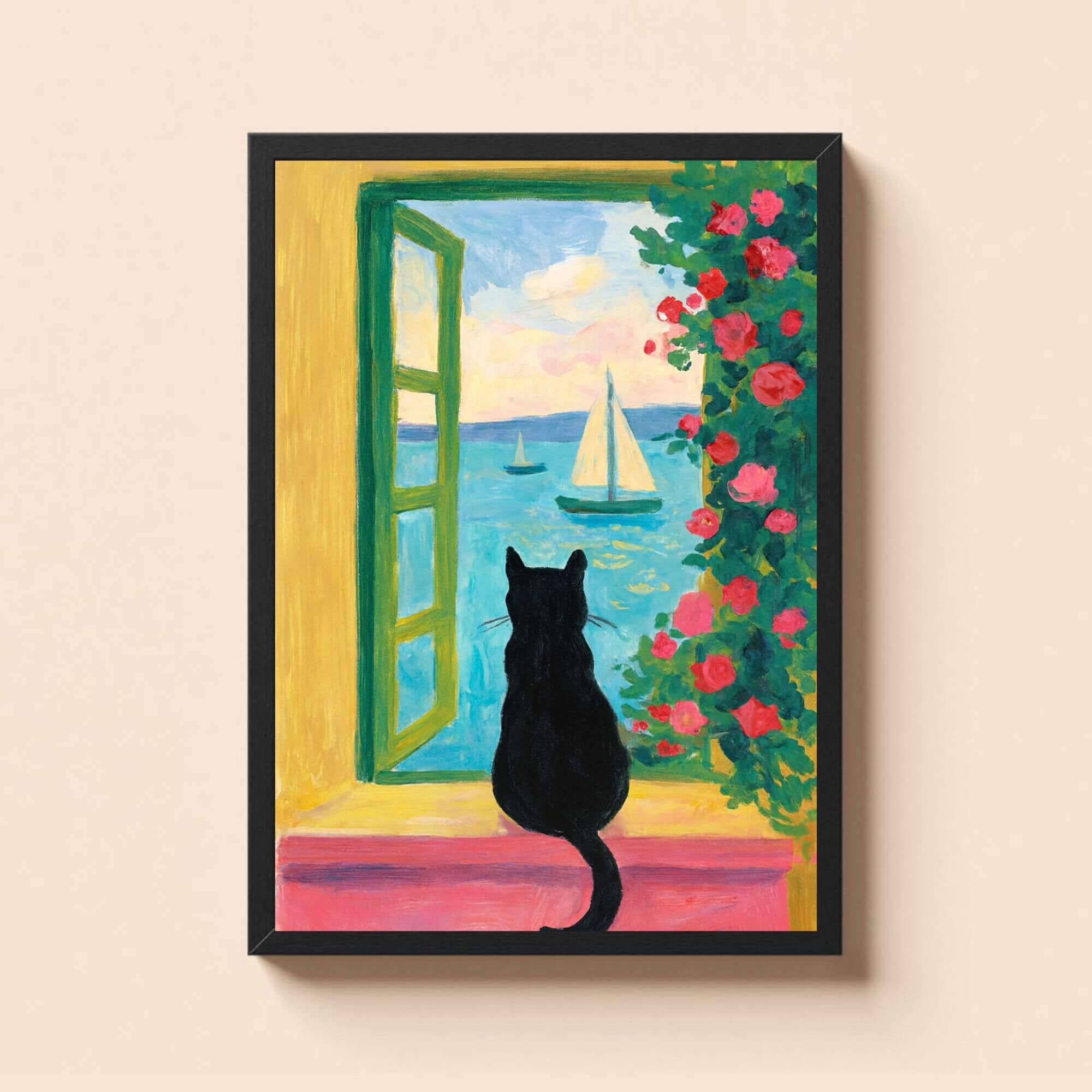 Black Cat Window View Wall Art - Coastal Sunset Print, Peaceful Cat Decor, Seaside Sailboat Scene, Floral Home Accent - Image 2
