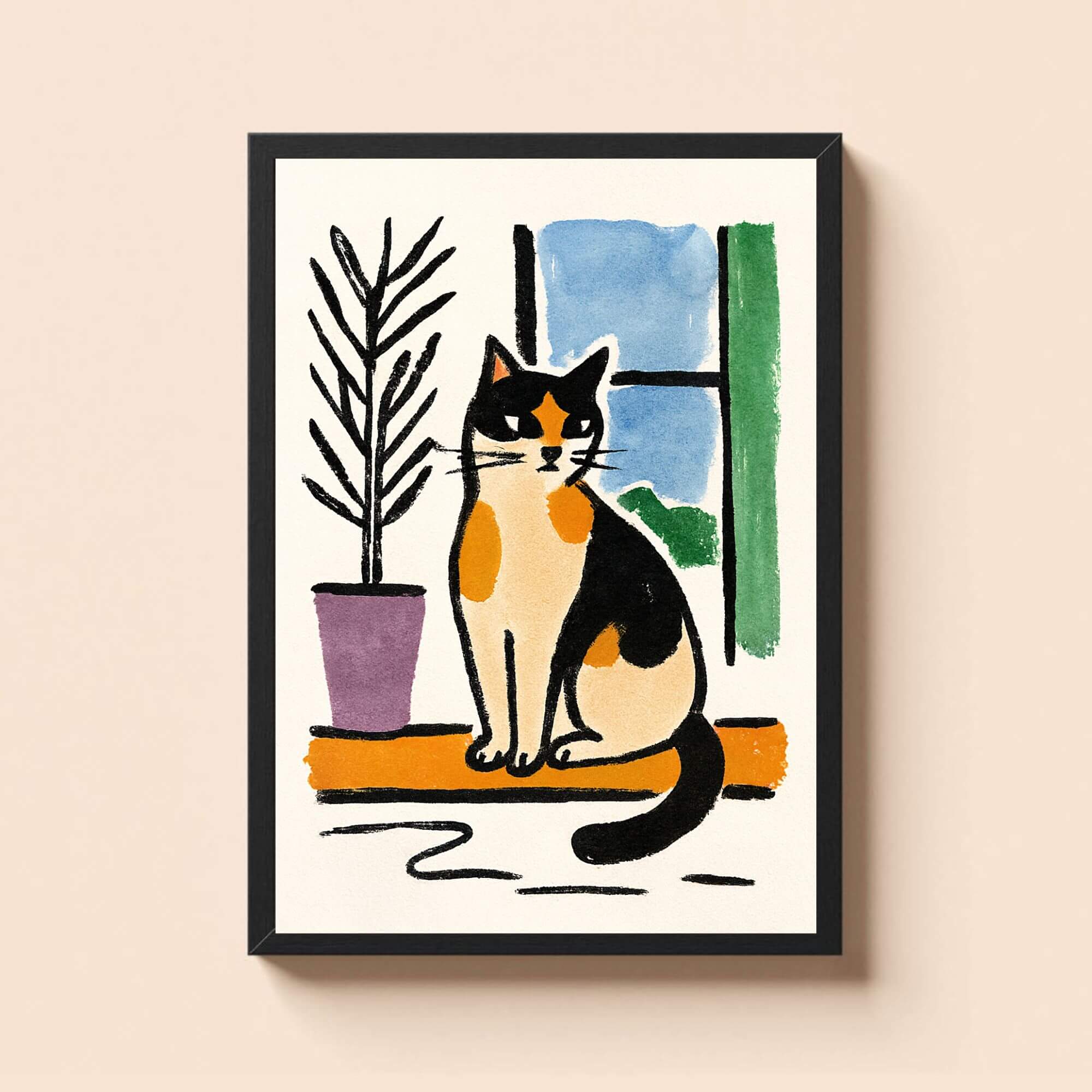 Calico Cat Wall Art - Cozy Window Scene Illustration, Bold Outline Cat Print for Pet Lovers, Minimalist Home Decor - Image 2