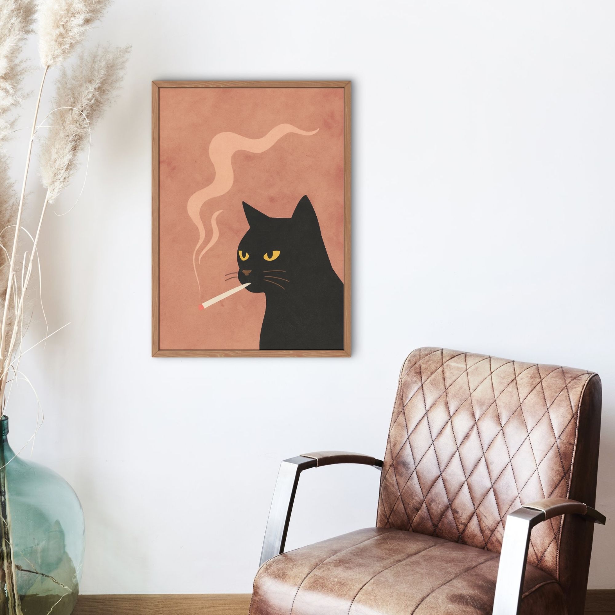 Black Cat Smoking Art Print - Surreal Minimalist Wall Decor for Cat Lovers & Modern Homes - Image 3