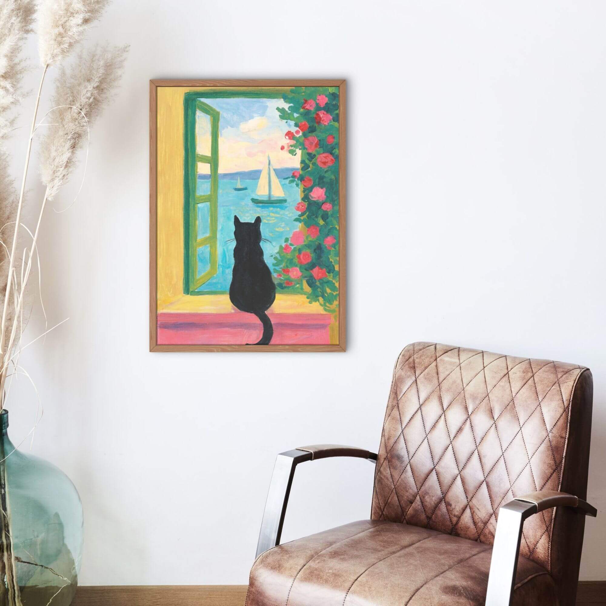 Black Cat Window View Wall Art - Coastal Sunset Print, Peaceful Cat Decor, Seaside Sailboat Scene, Floral Home Accent - Image 3