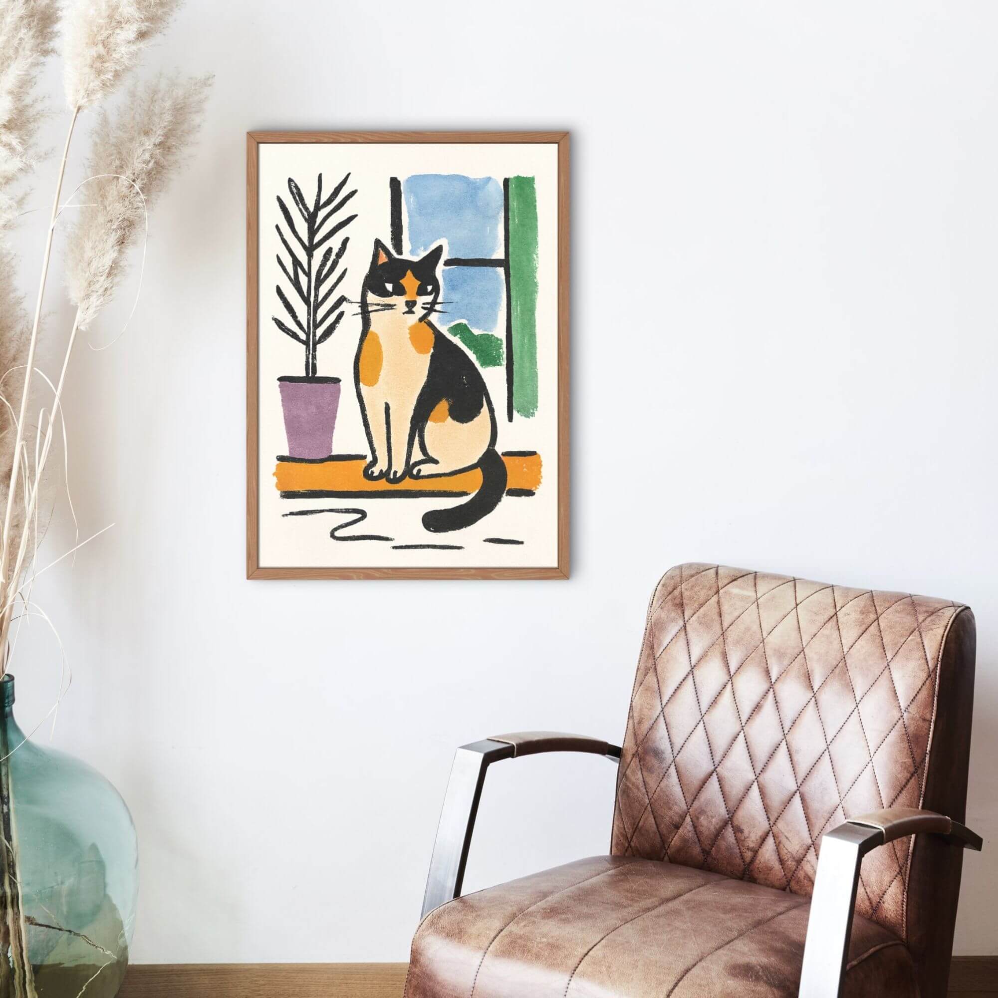 Calico Cat Wall Art - Cozy Window Scene Illustration, Bold Outline Cat Print for Pet Lovers, Minimalist Home Decor - Image 3